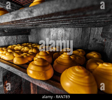 Savoureux fromage tressé d'or dans le fumoir Banque D'Images