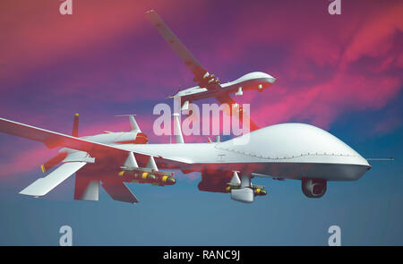 Les drones militaires sur les nuages de fond rouge. Banque D'Images