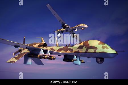 Deux drones militaires camouflés. Banque D'Images