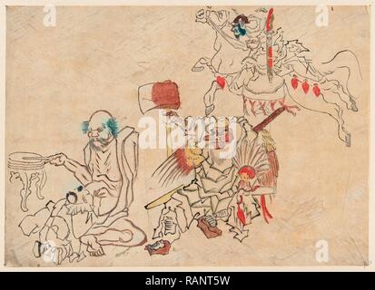 L'ONAD Tengu Tengu, et Miscellanées. Guerrier guerrier à cheval, avec une grande hache, et un vieil homme assis, de battre un tambour repensé Banque D'Images