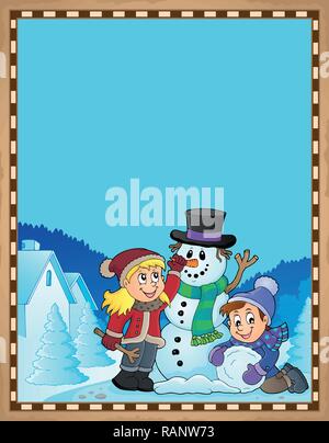 Kids building Snowman thème 1 parchemin - eps10 vector illustration. Illustration de Vecteur