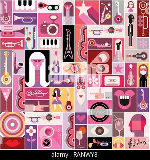 Collage musical Pop-art avec beaucoup d'images diverses, vector illustration. Peut être utilisé comme arrière-plan transparent. Illustration de Vecteur