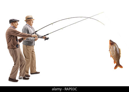 Tourné sur toute la longueur de deux pêcheurs avec un grands exemplaires sur une canne à pêche isolé sur fond blanc Banque D'Images