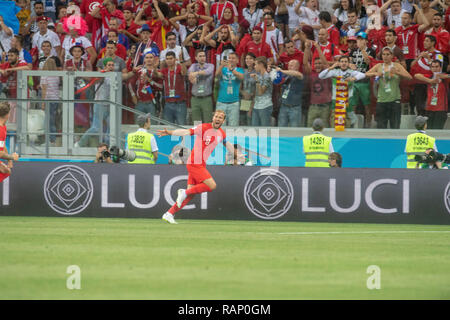 HARRY KANE CÉLÈBRE SON PREMIER BUT AUJOURD'HUI À LA COUPE DU MONDE 2018 CONTRE LA TUNISIE. Photo JEREMY SELWYN 18/06/2018 Banque D'Images