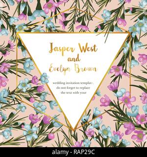 Design Vector floral fleur carte. Golden triangle botanique naturel trame géométrique : rose et bleu avec des fleurs de cire vert feuilles décoratives vecteur co Illustration de Vecteur