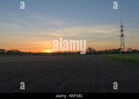 Coucher de soleil derrière un champ Banque D'Images