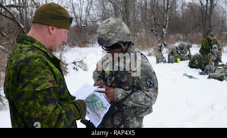 Adjudant Matt Edwards, avec l'Escadron D, Royal Canadian Dragoons, indique à la FPC. LaMichael Manteaux, une troupe scoute avec Alpha, 3-71, sur ce que l'escadron de cavalerie de manteaux et de son équipe doit accomplir au cours de la voie de l'Éperon de l'Escadron Ghost Ride à Fort Drum, le 15 février. Banque D'Images