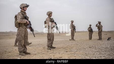 RABKUT, Oman (fév. 19, 2017) Les Marines américains avec des armes, de l'entreprise de l'équipe Bn 1er Bataillon Landing., 4ème Marines, 11e Marine Expeditionary Unit (MEU), s'alignent sur la ligne de tir pour un mémoire de l'officier de sécurité de position de gamme (PSO) avant de procéder à une distance inconnue plage durant l'exercice Sea soldat, 19 février. Ops, de coordonner, d'entraîneur et de superviser les participants sur la plage pour garder et aider à vivre-sécurité-incendie. 2017 Soldat de la mer est un annuel, exercice bilatéral mené avec l'Armée royale d'Oman conçu pour démontrer les compétences de coopération et la volonté des États-Unis et des pays partenaires à travailler Banque D'Images