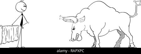 Caricature de Businessman Torero provoquant la hausse des prix de marché de Bull en tant que symbole avec un chiffon ou Muleta Illustration de Vecteur
