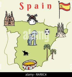 Espagne - Carte repères graphiques vectoriels doodle mignon avec Madrid, Barcelone, Santiago de Compostelle, Séville et le football. Illustration de Vecteur