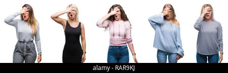 Collage de jeunes et belles femmes de plus de fond isolé avec des pics de shock couvrant le visage et les yeux avec la main, regardant à travers les doigts avec embarrassé Banque D'Images