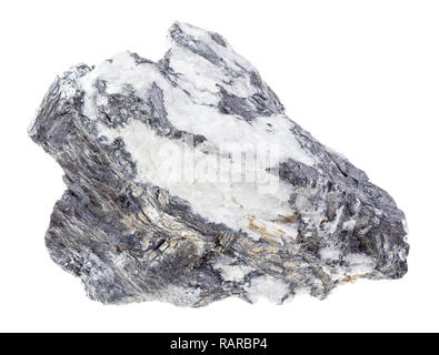 La macro photographie de minéraux naturels à partir de la collection géologique - rough Bismuthinite (minerai de bismuth) en pierre de quartz sur fond blanc Banque D'Images
