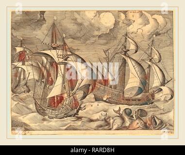 Frans Huys après Pieter Bruegel l'ancien (1522-1562), flamand, trois caravelles dans l'augmentation de Squall avec Adrion sur un repensé Banque D'Images