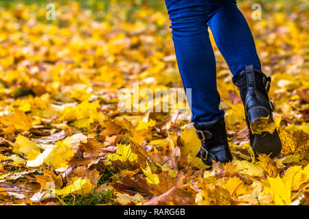 La mode d'automne, des chaussures sur les jambes de femme dans les feuilles tombées au sol Banque D'Images