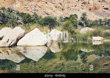 Paysage d'Oman. Lagoon au milieu de Wadi Tiwi dans journée idyllique. Banque D'Images