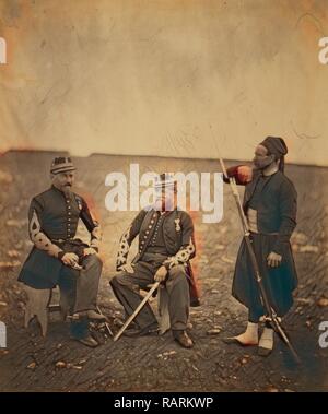 Deux officiers français, assis, debout, Zouave et avec le bras reposant sur l'arme, guerre de Crimée, 1853-1856, Roger Fenton repensé Banque D'Images