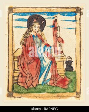 L'allemand du 15e siècle, Sainte Barbara, 1460-1470, gravure sur bois en brun, à la main, dans le lac rouge, jaune, vert, bleu, ocre repensé Banque D'Images