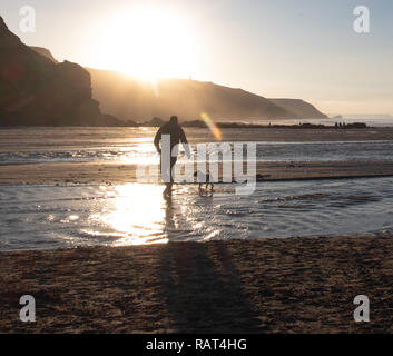 L'homme promenait son chien, rétroéclairé dans le jaunissement lumière vers le coucher du soleil sur l'eau basse et les sables de plage Porthtowan. Banque D'Images