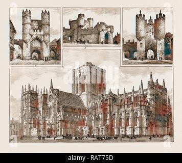 York UK 1873, I. Monk Bar. 2. Walm Gate. 3. Micklegate Bar. 4. La cathédrale de York. 5. Clifford's Tower 6. St Mary's Abbey repensé Banque D'Images