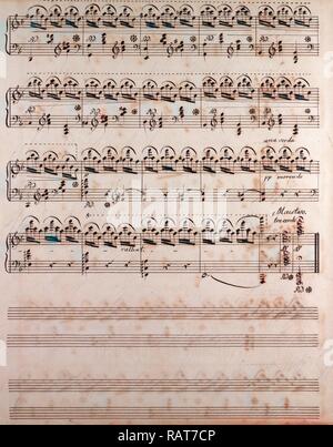 Partitions manuscrites, notes de musique, 19e siècle, una corda, morendo, Maestoso, tre corde. Repensé Banque D'Images