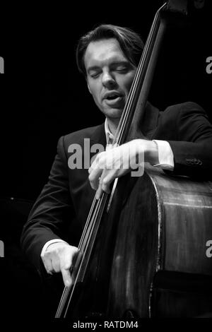 Morton Ankarfeldt sur solo contrebasse avec Mads Mathias Quartet Jazz Festival 2017, Scarborough Banque D'Images
