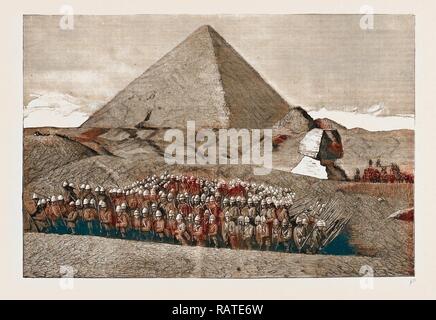 La guerre récente en Egypte, 1883 : Deuxième bataillon HIGHLAND LIGHT INFANTRY pique-niquant à des pyramides. Repensé Banque D'Images