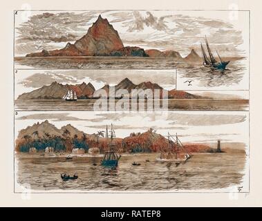 L'ÉRUPTION VOLCANIQUE À JAVA, EN INDONÉSIE, LES VUES DU KRAKATOA ET ANJER, maintenant complètement détruit, 1883 : 1. L'île repensé Banque D'Images