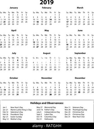 2019 noir et blanc pleine page Calendar Banque D'Images