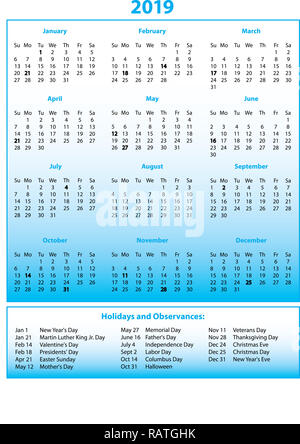 2019 Calendrier pleine page en bleu Banque D'Images