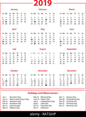 2019 Calendrier Pleine Page Banque D'Images