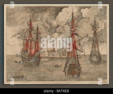 Frans Huys après Pieter Bruegel l'ancien (Flamand, 1522 - 1562), Four-Master (à gauche) et deux Three-Masters ancrée repensé Banque D'Images