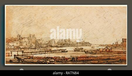 Rembrandt van Rijn (Néerlandais, 1606 - 1669), vue sur l'Amstel du rempart, c. 1646-1650, plume et encre brune avec repensé Banque D'Images