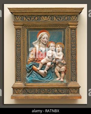 Disciple de Andrea del Verrocchio, Vierge à l'enfant avec Saint John, terre cuite peinte. Repensé par Gibon. Classic repensé Banque D'Images