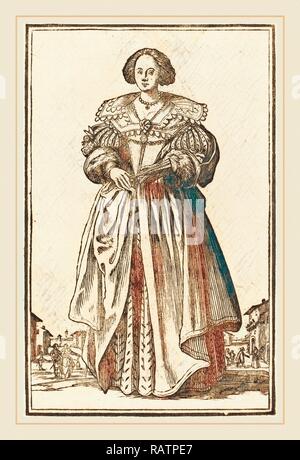Après Jacques Callot, femme noble avec ventilateur, gravure sur bois. Repensé par Gibon. L'art classique avec une touche moderne repensé Banque D'Images