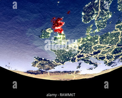 Vue de l'Écosse à partir de l'espace la nuit. Planète plastique détaillées magnifiquement avec les lumières de la ville, visibles en surface. 3D illustration. Éléments de thi Banque D'Images