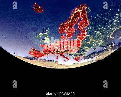 Vue de l'espace Schengen à partir de l'espace membres la nuit. Planète plastique détaillées magnifiquement avec les lumières de la ville, visibles en surface. 3D illustration. El Banque D'Images