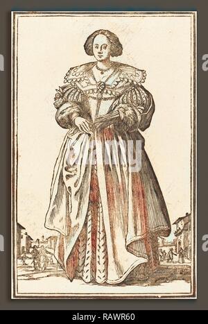 Après Jacques Callot, femme noble avec ventilateur, gravure sur bois. Repensé par Gibon. L'art classique avec une touche moderne repensé Banque D'Images