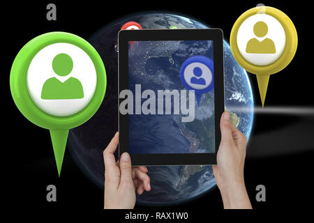 Image composite de hands holding digital tablet against white background Banque D'Images