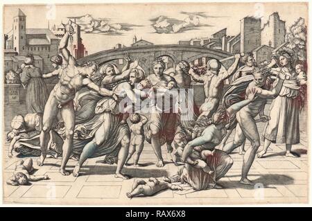 Marcantonio Raimondi (Italien, ca. 1470/1482 - 1527/1534) après Raphael (Italien, 1483 - 1520). Massacre des repensé Banque D'Images