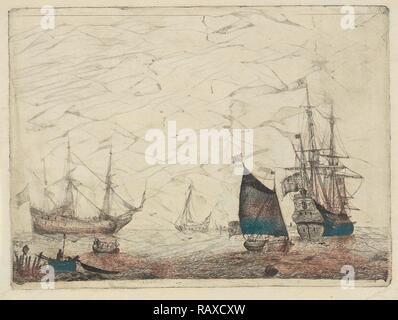 Seascape avec deux-trois maîtres avec voiles abaissées, imprimer bouilloire : Adam Silo, 1689 - 1760. Repensé par Gibon. Classic repensé Banque D'Images