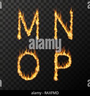 Fire flames réaliste lumineux dans M N O P Lettres forme, bain font concept sur transparent Illustration de Vecteur