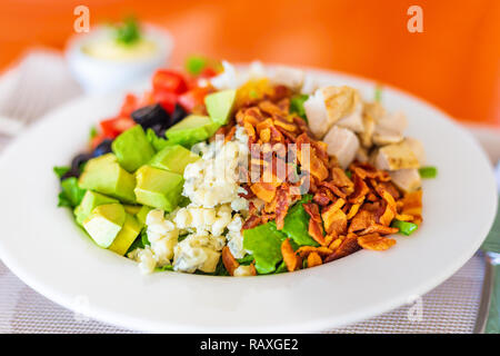 Salade Cobb sur plaque blanche, avec bacon, fromage bleu, poulet grillé, tomates coupées en cubes et les avocats, les olives hachées, lecttuce, et bon pour la santé e Banque D'Images