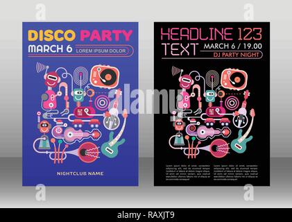 Deux options de mise en page de l'affiche de la soirée disco, flyer design, format A4. Illustration de Vecteur