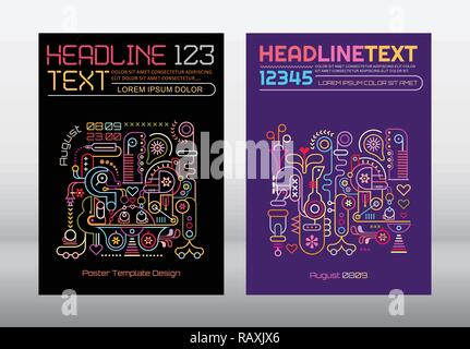 Deux options de l'abstrait Design fantastique modèle d'affiche. Les images couleurs néon isolé sur un noir et sur un fond bleu foncé, taille A4. Illustration de Vecteur