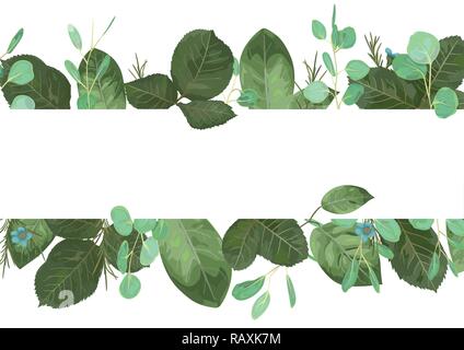 Modèle d'été floral pour bannière, carte postale, carte de vœux, d'invitation de mariage, flyer. Feuilles de roses, de branches d'eucalyptus et de fleurs avec une cireuse f Illustration de Vecteur