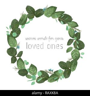 Floral Vector illustration d'un cadre rond d'une guirlande de feuilles, branches d'eucalyptus rose et fleurs de cire isolé sur fond blanc. Belle el Illustration de Vecteur