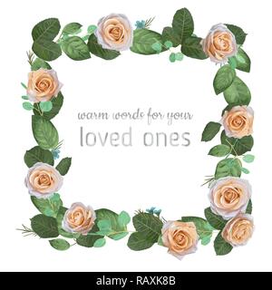 Illustration floraux décoratifs cadre carré de roses de couleur crème avec des feuilles, branches d'eucalyptus et de fleurs en cire isolé sur fond blanc. Vect Illustration de Vecteur
