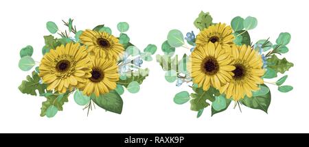 Illustration aquarelle bouquet ensemble de modèles, de composition pour mariage, carte postale, design, bannière, carte de vœux romantique. Gerbera Jaune Illustration de Vecteur