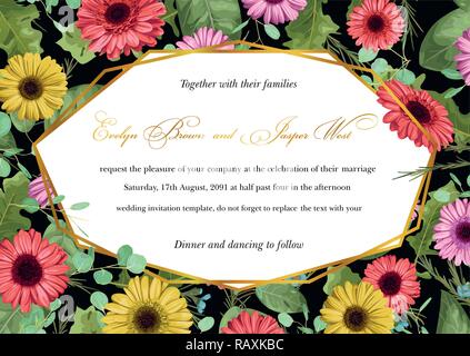 Vecteur de fond floral aquarelle de gerberas multicolores et de feuilles, branches d'eucalyptus, de cire de fleurs. Pour le fond d'écran, cartes postales, invitations, ban Illustration de Vecteur