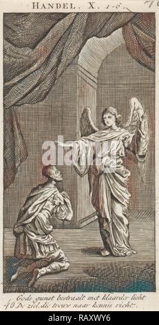 Cornelius s'agenouille devant l'ange envoyé à lui, Jan Luyken, Anonyme, 1712. Repensé par Gibon. L'art classique avec un repensé Banque D'Images